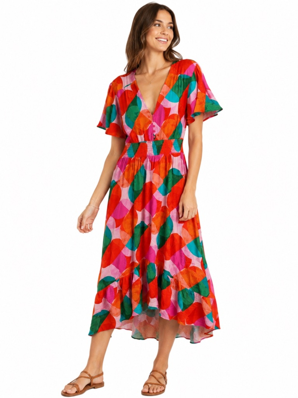 Abel the Label Abstract Colorblock Wrap Midi Dress High Low Flutter Sleeve Large